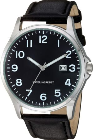 Black Dial Analog Watch with Black Leather Band