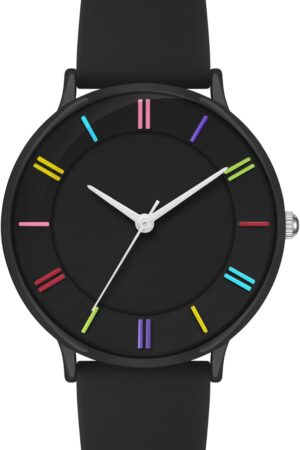 Black Silicone Strap Analog Watch with Colorful Hour Markers