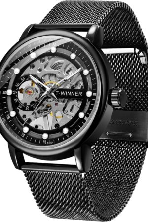 Black Skeleton Dial Roman Numeral Mesh Strap Watch - Image 10