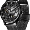 Black Skeleton Dial Roman Numeral Mesh Strap Watch