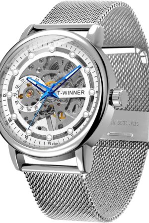 Black Skeleton Dial Roman Numeral Mesh Strap Watch - Image 11