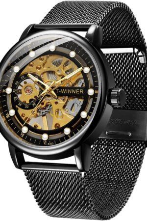 Black Skeleton Dial Roman Numeral Mesh Strap Watch - Image 12
