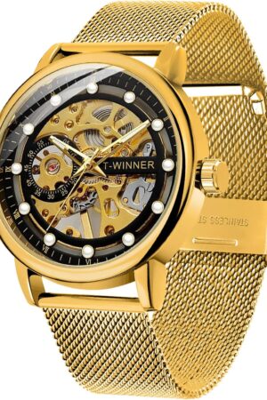 Black Skeleton Dial Roman Numeral Mesh Strap Watch - Image 14