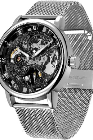 Black Skeleton Dial Roman Numeral Mesh Strap Watch - Image 15