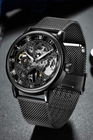 Black Skeleton Dial Roman Numeral Mesh Strap Watch - Image 2