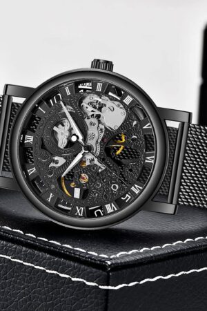 Black Skeleton Dial Roman Numeral Mesh Strap Watch - Image 3