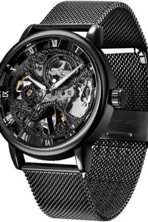 Black Skeleton Dial Roman Numeral Mesh Strap Watch