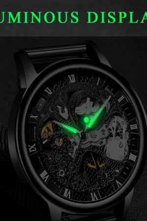 Black Skeleton Dial Roman Numeral Mesh Strap Watch - Image 4