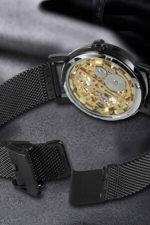 Black Skeleton Dial Roman Numeral Mesh Strap Watch - Image 5