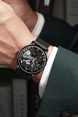 Black Skeleton Dial Roman Numeral Mesh Strap Watch - Image 6