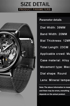 Black Skeleton Dial Roman Numeral Mesh Strap Watch - Image 7
