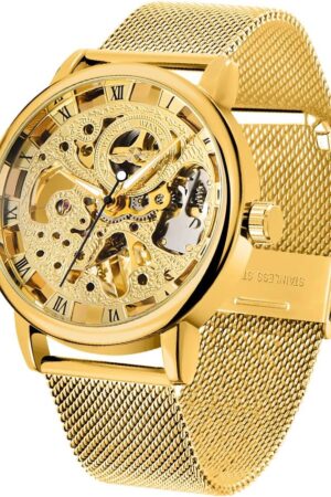 Black Skeleton Dial Roman Numeral Mesh Strap Watch - Image 8