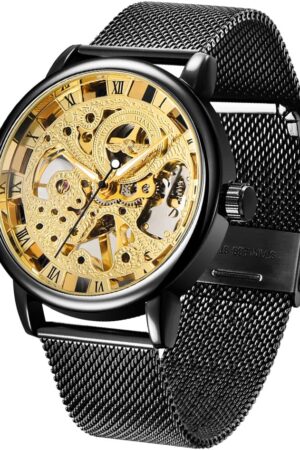 Black Skeleton Dial Roman Numeral Mesh Strap Watch - Image 9