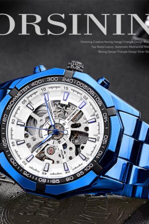 Blue Stainless Steel Automatic Skeleton Men's Watch - Image 3