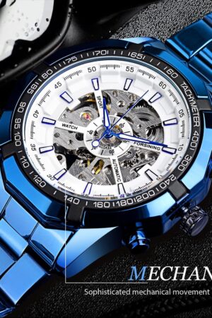 Blue Stainless Steel Automatic Skeleton Men's Watch - Image 4