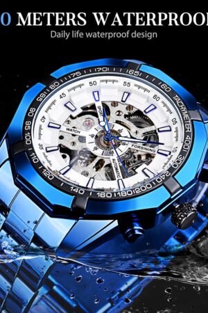 Blue Stainless Steel Automatic Skeleton Men's Watch - Image 5