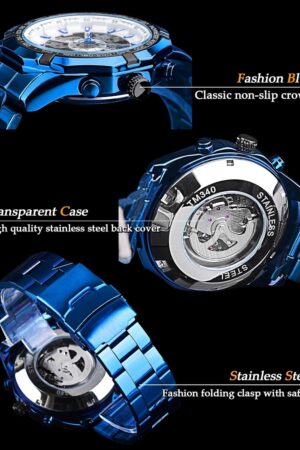 Blue Stainless Steel Automatic Skeleton Men's Watch - Image 6