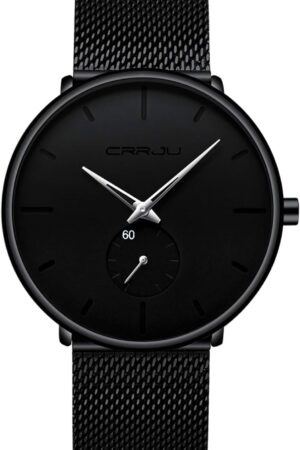 Minimalist Black Analog Quartz Wrist Watch with Mesh Strap - Image 10