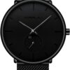 Minimalist Black Analog Quartz Wrist Watch with Mesh Strap