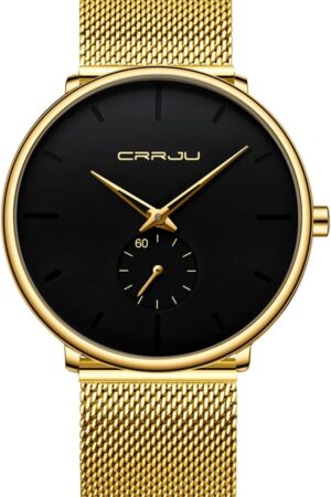 Minimalist Black Analog Quartz Wrist Watch with Mesh Strap - Image 11