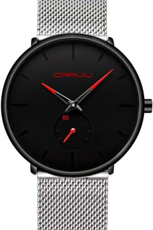 Minimalist Black Analog Quartz Wrist Watch with Mesh Strap - Image 13