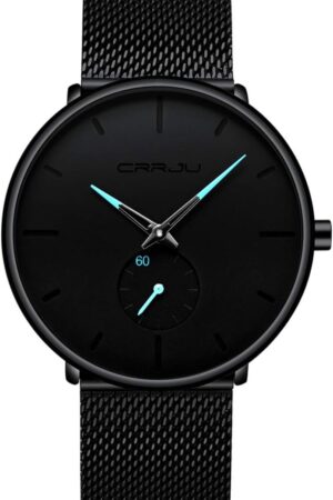 Minimalist Black Analog Quartz Wrist Watch with Mesh Strap - Image 17