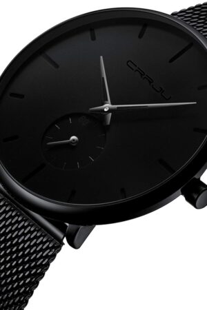 Minimalist Black Analog Quartz Wrist Watch with Mesh Strap - Image 2