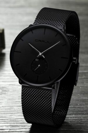 Minimalist Black Analog Quartz Wrist Watch with Mesh Strap - Image 3