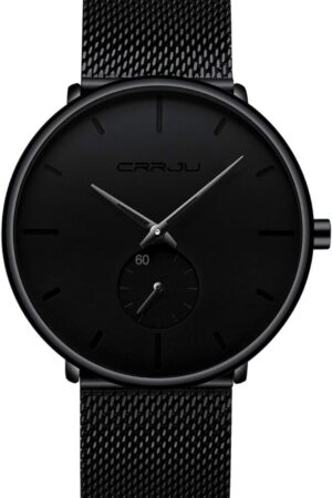 Minimalist Black Analog Quartz Wrist Watch with Mesh Strap