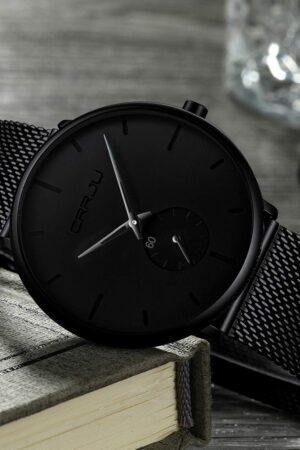 Minimalist Black Analog Quartz Wrist Watch with Mesh Strap - Image 4