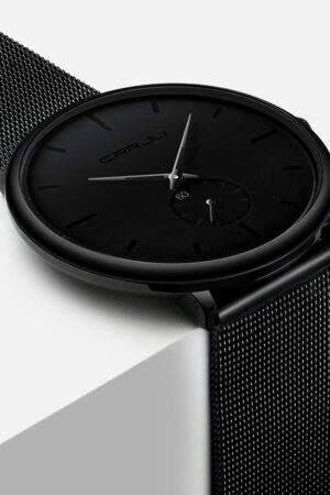 Minimalist Black Analog Quartz Wrist Watch with Mesh Strap - Image 5