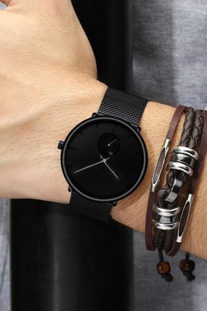 Minimalist Black Analog Quartz Wrist Watch with Mesh Strap - Image 7