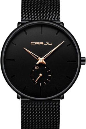 Minimalist Black Analog Quartz Wrist Watch with Mesh Strap - Image 8