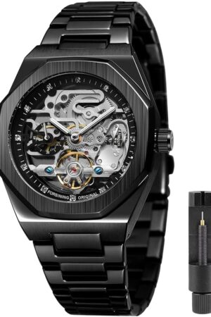 Silver Tone Blue Skeleton Dial Automatic Mechanical Watch - Image 10