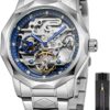 Silver Tone Blue Skeleton Dial Automatic Mechanical Watch