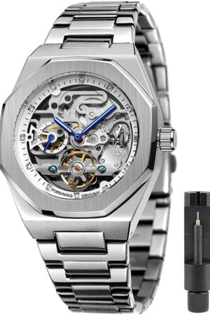Silver Tone Blue Skeleton Dial Automatic Mechanical Watch - Image 11