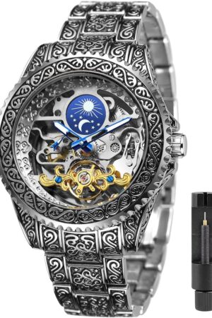 Silver Tone Blue Skeleton Dial Automatic Mechanical Watch - Image 12