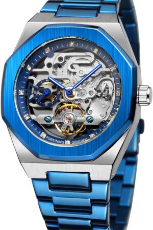 Silver Tone Blue Skeleton Dial Automatic Mechanical Watch - Image 13