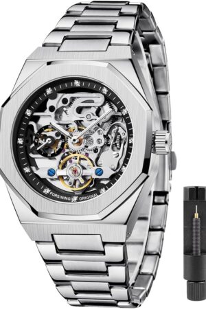 Silver Tone Blue Skeleton Dial Automatic Mechanical Watch - Image 14