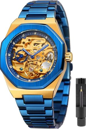 Silver Tone Blue Skeleton Dial Automatic Mechanical Watch - Image 17