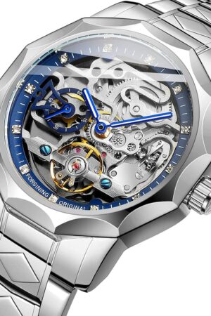 Silver Tone Blue Skeleton Dial Automatic Mechanical Watch - Image 2