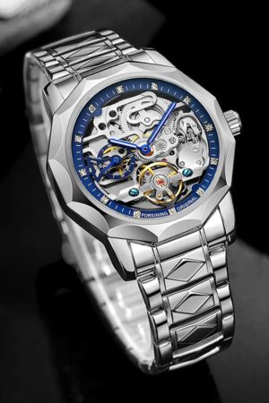 Silver Tone Blue Skeleton Dial Automatic Mechanical Watch - Image 3