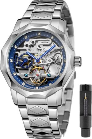 Silver Tone Blue Skeleton Dial Automatic Mechanical Watch