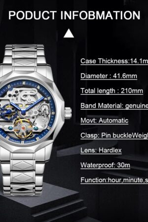 Silver Tone Blue Skeleton Dial Automatic Mechanical Watch - Image 4