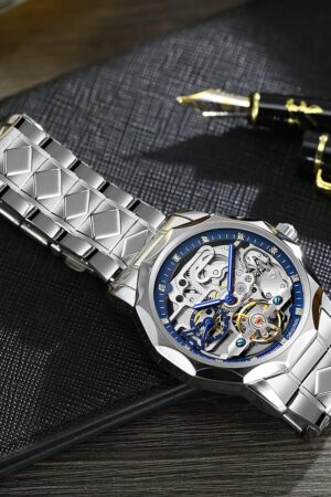 Silver Tone Blue Skeleton Dial Automatic Mechanical Watch - Image 5