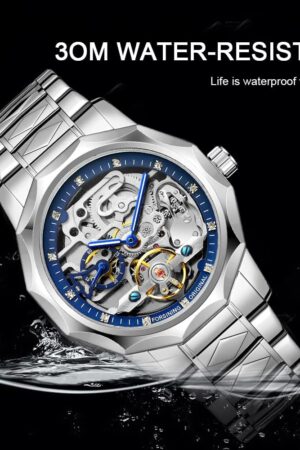 Silver Tone Blue Skeleton Dial Automatic Mechanical Watch - Image 6