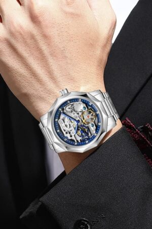 Silver Tone Blue Skeleton Dial Automatic Mechanical Watch - Image 7