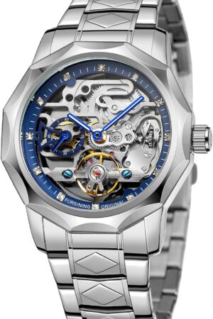 Silver Tone Blue Skeleton Dial Automatic Mechanical Watch - Image 9